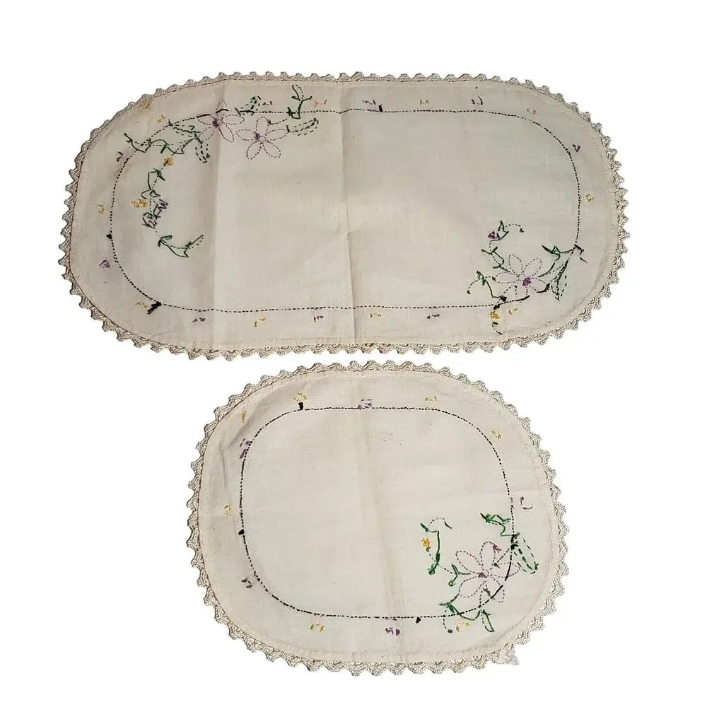 VTG TABLE RUNNERS SET OF 2 PURPLE FLOWER EMBROIDERED DRESSER SCARF ESTATE VANITY